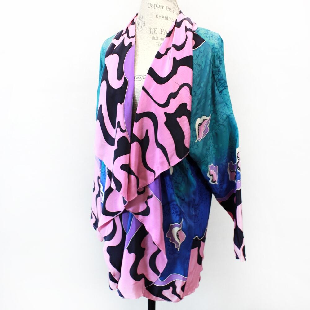 Paco Soler Art Colorblock Ruffles Open Front Chiffon Cardigan blouse top Small